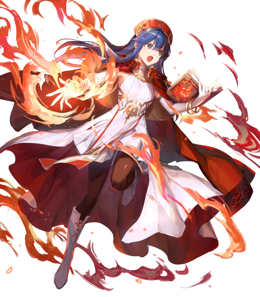 1girl alternate_costume azutarou bangs blue_eyes blue_hair book boots bracelet breasts cape dress elbow_gloves fire fire_emblem fire_emblem:_the_binding_blade fire_emblem_heroes full_body gloves hat highres holding holding_book jewelry knee_boots leg_up lilina_(fire_emblem) long_hair looking_away magic medium_breasts official_art open_mouth pantyhose pelvic_curtain red_cape shiny shiny_clothes shiny_hair skirt sleeveless sleeveless_dress solo transparent_background white_dress white_footwear white_gloves