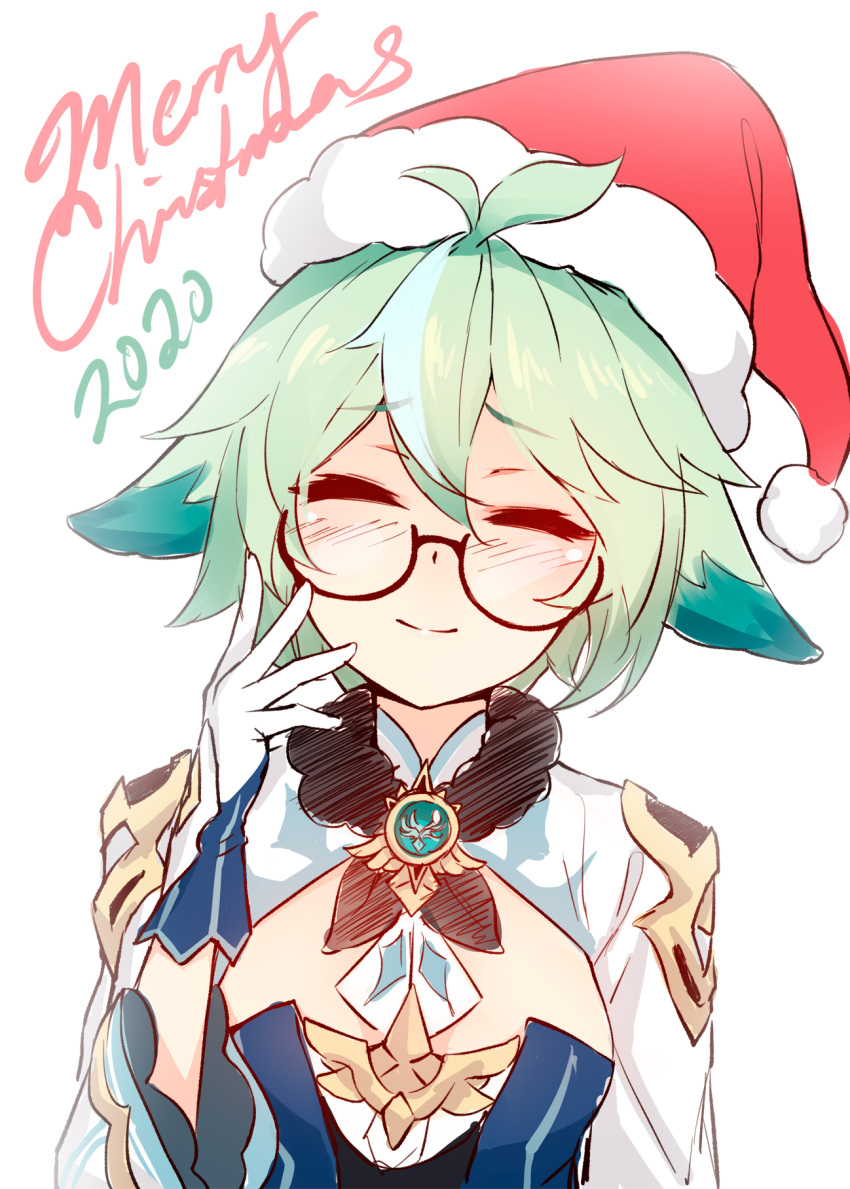 1girl 2020 ahoge animal_ear_request animal_ears blush closed_eyes commentary english_commentary eyebrows_visible_through_hair facing_viewer fur-trimmed_headwear genshin_impact glasses gloves green_hair hat highres jewelry merry_christmas necklace pom_pom_(clothes) portrait ricegnat santa_hat semi-rimless_eyewear short_hair simple_background sketch smile solo sucrose_(genshin_impact) white_background white_gloves