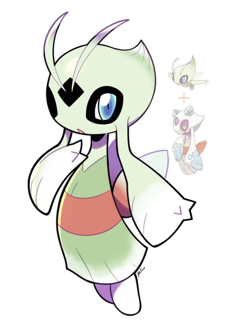 artsy-rc celebi commentary english_commentary froslass fusion gen_2_pokemon gen_4_pokemon highres looking_at_viewer mythical_pokemon no_humans parted_lips plus_sign pokemon pokemon_(creature) signature white_background