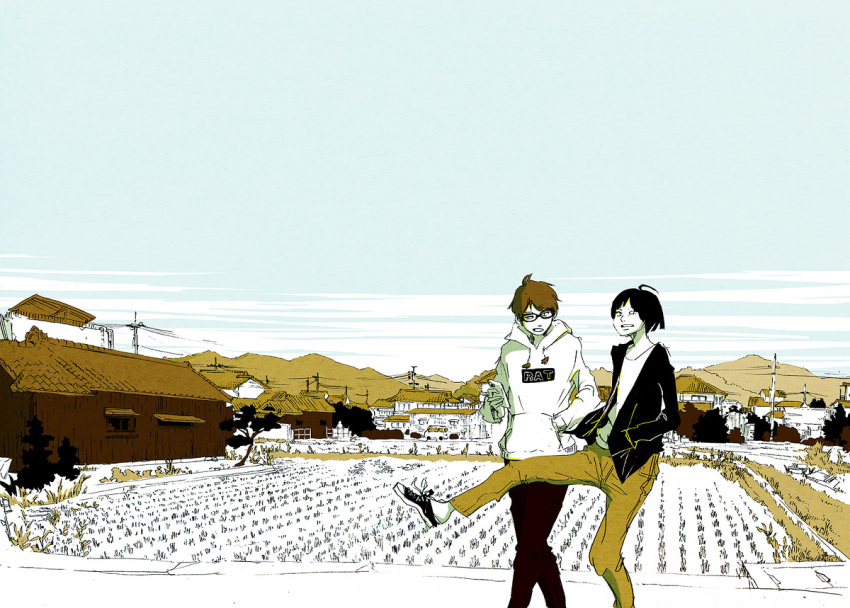 2boys black_hair black_jacket brown_hair farm field flat_color glasses holding holding_phone hood hoodie jacket kawano leg_up limited_palette mountain mountainous_horizon multiple_boys muted_color original phone plant power_lines scenery shoe_dangle shoes sky sneakers