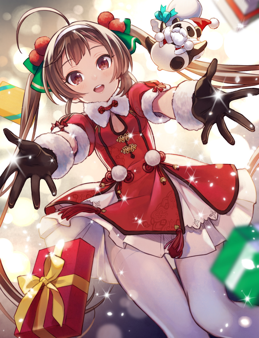 1girl ahoge azur_lane black_gloves box breasts brown_eyes brown_hair christmas cleavage_cutout clothing_cutout commentary_request dress fake_facial_hair fake_mustache fur-trimmed_gloves fur-trimmed_headwear fur-trimmed_sleeves fur_trim gift gift_box gloves hair_bobbles hair_ornament hairband hat highres long_hair looking_at_viewer open_mouth outstretched_arm panda pantyhose ping_hai_(azur_lane) puffy_short_sleeves puffy_sleeves reaching_out red_dress red_headwear sack santa_dress santa_hat short_sleeves small_breasts smile solo thighband_pantyhose white_hairband white_legwear yuko_(uc_yuk)