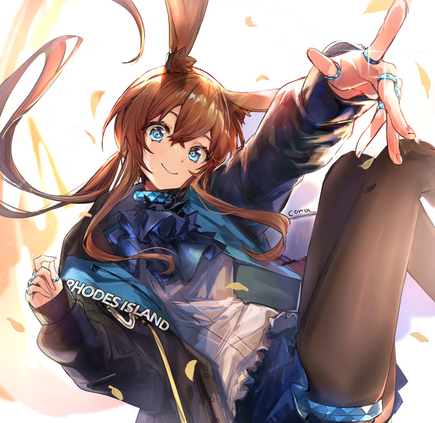 1girl amiya_(arknights) animal_ear_fluff animal_ears arknights artist_name ascot black_jacket black_legwear blue_eyes blue_neckwear blue_skirt brown_hair feet_out_of_frame floating_hair hair_between_eyes happitan_no_kona highres jacket jewelry long_hair looking_at_viewer multiple_rings necklace open_clothes open_jacket outstretched_arm panties rabbit_ears shirt skirt smile solo thigh_strap underwear white_background white_shirt