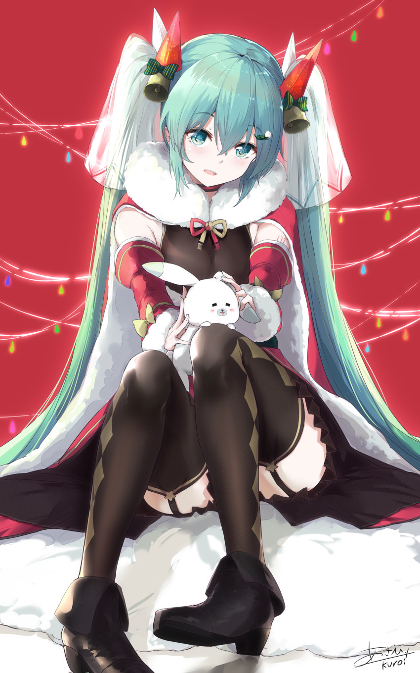 1girl 1other aqua_eyes aqua_hair asahi_kuroi bell black_footwear black_shirt black_skirt blush_stickers cape christmas christmas_lights closed_eyes commentary detached_sleeves fur-trimmed_cape fur_trim hair_bell hair_ornament hatsune_miku highres light_smile long_hair looking_at_viewer on_lap open_mouth rabbit rabbit_yukine red_background red_cape red_sleeves shirt signature sitting skirt thigh-highs twintails very_long_hair vocaloid