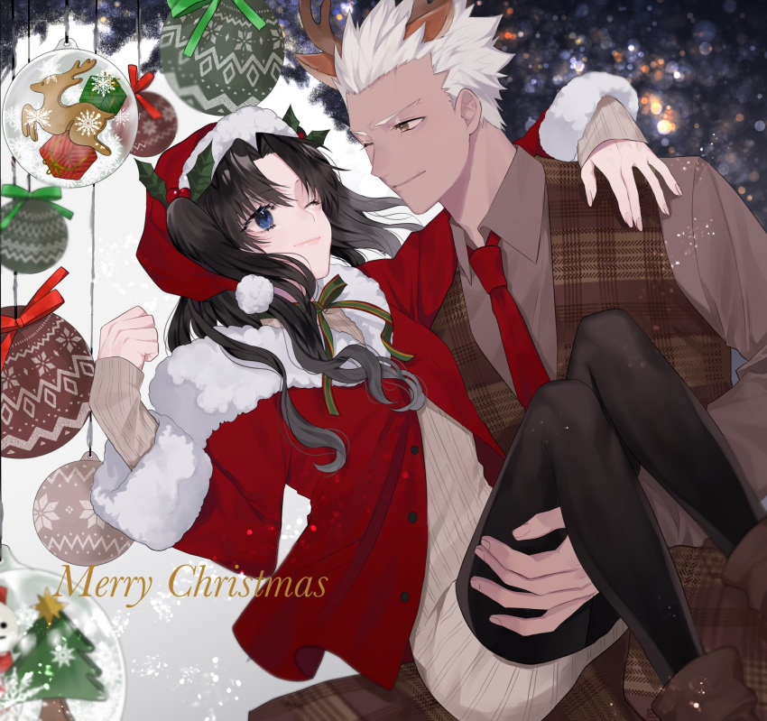 1boy 1girl alternate_costume animal_ears antlers archer artist_request black_hair blue_eyes box brown_eyes brown_shirt buttons carrying christmas christmas_ornaments christmas_tree closed_mouth commentary_request dark_skin dark_skinned_male deer_ears english_text eyebrows_visible_through_hair fake_animal_ears fate/stay_night fate_(series) fur-trimmed_headwear fur-trimmed_jacket fur-trimmed_sleeves fur_trim gift gift_box green_ribbon hand_on_another's_shoulder hat highres jacket lips long_hair long_sleeves looking_at_another merry_christmas multicolored multicolored_ribbon necktie one_eye_closed pantyhose princess_carry red_headwear red_jacket red_neckwear red_ribbon reindeer_antlers ribbed_sweater ribbon santa_costume shirt short_hair smile snowflakes snowman sweater thigh-highs tohsaka_rin two_side_up white_hair