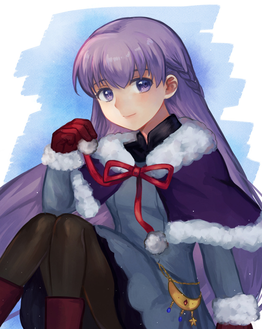 1girl absurdly_long_hair adapted_costume belly_chain black_legwear blue_background blue_dress capelet dress fire_emblem fire_emblem:_the_binding_blade gloves highres jewelry long_hair mesz410 pantyhose puffy_sleeves purple_footwear purple_hair red_gloves simple_background smile solo sophia_(fire_emblem) very_long_hair violet_eyes white_background winter_clothes