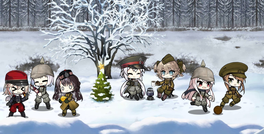 &gt;_&lt; 6+girls ball bangs belt belt_pouch black_footwear black_hair blonde_hair boots bottle bow brown_footwear brown_hair c96_(girls_frontline) chauchat_(girls_frontline) cheese chibi chocolate christmas christmas_tree closed_eyes coffee coffee_mug commentary crater cup eating english_commentary food garrison_cap girls_frontline gloves green_eyes hair_bow hair_ornament hat helmet holding jacket kar98k_(girls_frontline) lee-enfield_(girls_frontline) lewis_(girls_frontline) long_hair military military_uniform mini_hat mug multiple_girls o_o outfoors p08_(girls_frontline) pouch red_eyes redhead scarf sidelocks silver_hair smile snow soccer soccer_ball sprite_art star_(symbol) teapot the_mad_mimic truce twintails two_side_up uniform very_long_hair webley_revolver_(girls_frontline) wine_bottle world_war_i