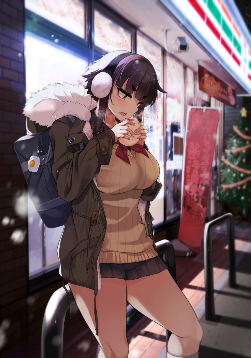 1girl absurdres beige_sweater black_hair black_skirt breasts brown_coat brown_eyes bun_(food) christmas_tree coat contrapposto earmuffs eating eyebrows_visible_through_hair feet_out_of_frame food fur_trim highres holding holding_food huge_filesize jovejun large_breasts looking_down miniskirt night open_mouth original pleated_skirt red_neckwear red_serafuku short_hair_with_long_locks skirt solo standing thick_eyebrows v-shaped_eyebrows white_legwear