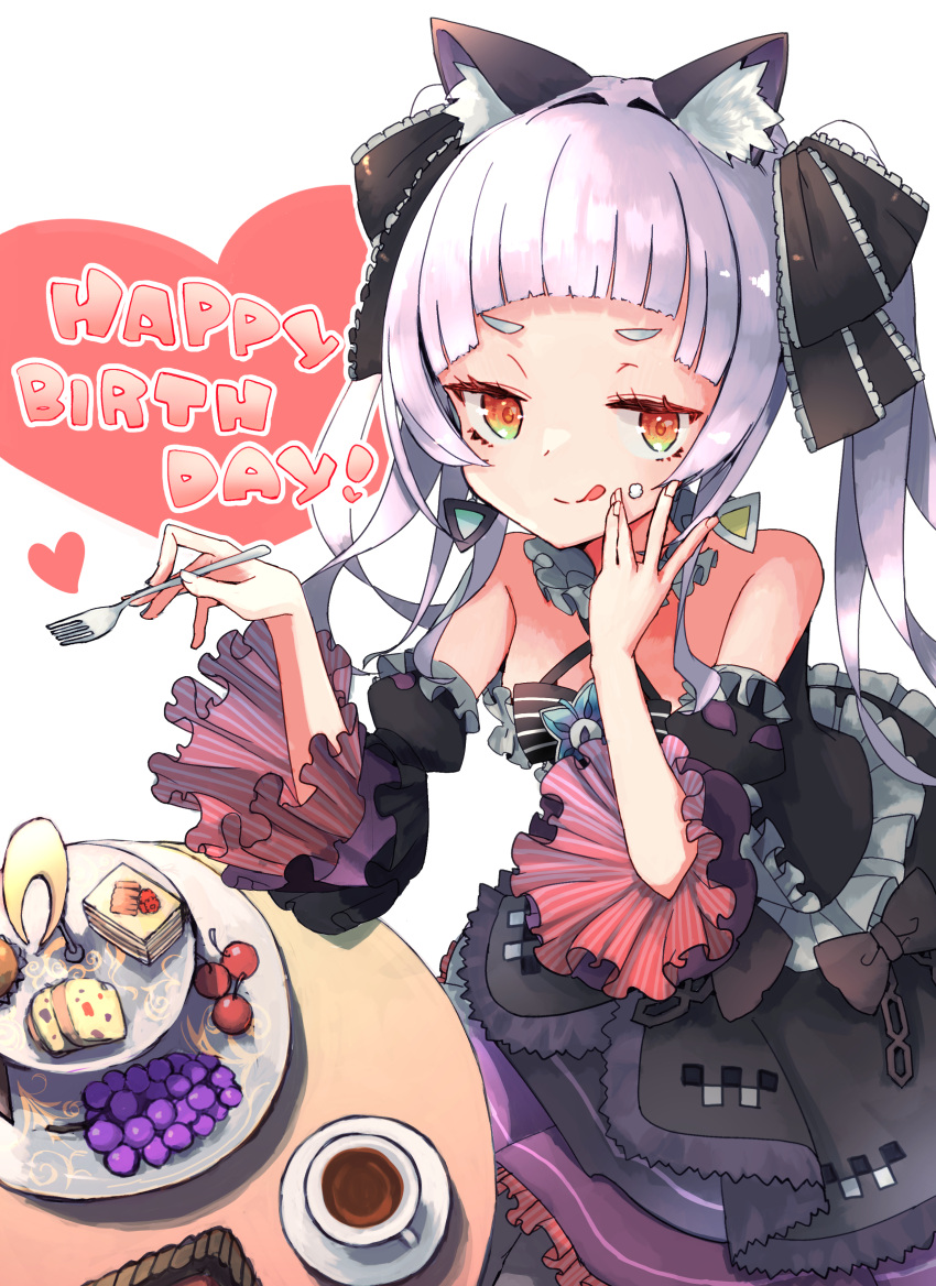 1girl :q absurdres animal_ear_fluff animal_ears bangs bare_shoulders black_bow black_dress black_ribbon blunt_bangs bow cake cat_ears cherry closed_mouth commentary_request cup detached_sleeves dress dress_bow earrings eating english_text eyebrows_visible_through_hair food food_on_face fork frilled_dress frilled_sleeves frills fruit gothic_lolita grapes green_eyes hair_ribbon halter_dress hands_up happy_birthday heart highres hololive jewelry juliet_sleeves licking_lips lolita_fashion long_hair long_sleeves looking_at_viewer multicolored multicolored_eyes murasaki_shion orange_eyes outline petticoat pinstripe_pattern plate puffy_sleeves ribbon silver_hair smile solo striped table tea teacup tokorinowa tongue tongue_out vertical_stripes virtual_youtuber white_background white_outline yellow_eyes