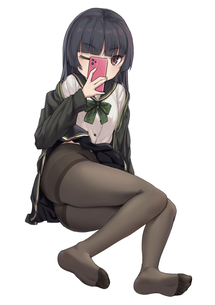 1girl bangs black_hair black_sailor_collar black_skirt bow brown_eyes brown_legwear cardigan cellphone eyebrows_visible_through_hair full_body green_bow green_cardigan hand_up highres holding holding_phone long_hair long_sleeves nail_polish no_shoes off_shoulder one_eye_closed open_cardigan open_clothes original pantyhose phone pink_nails pleated_skirt sailor_collar school_uniform serafuku simple_background skirt skirt_lift soles solo thighband_pantyhose too-ye white_background