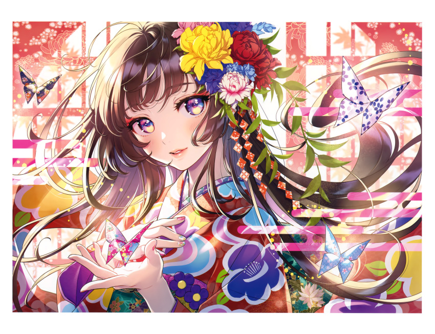 1girl absurdres bangs blush brown_hair eyebrows_visible_through_hair eyelashes eyeshadow fingernails floral_print flower hair_ornament hand_on_own_chest head_tilt highres holding japanese_clothes kimono light_smile lips long_hair looking_at_viewer makeup morikura_en nail_polish origami original parted_lips scan shiny shiny_hair simple_background smile solo upper_body violet_eyes