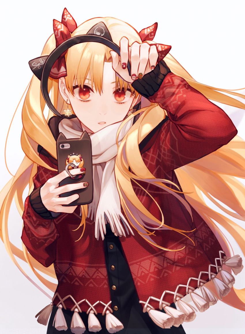 1girl animal_ears bangs bell blonde_hair breasts cat_ears cellphone contemporary earrings ereshkigal_(fate/grand_order) fake_animal_ears fate/grand_order fate_(series) hair_ribbon headband_removed highres jacket jewelry long_hair long_sleeves looking_at_viewer parted_bangs parted_lips phone ribbon scarf siya_ho two_side_up