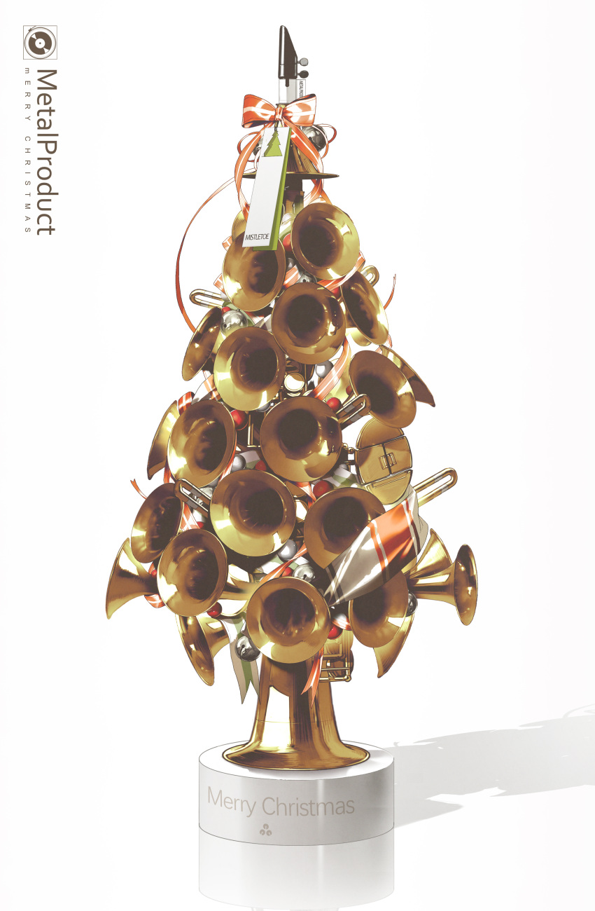 absurdres christmas christmas_tree clarinet commentary english_commentary highres instrument kieed no_humans original pedestal ribbon shadow tag trumpet tuba white_background