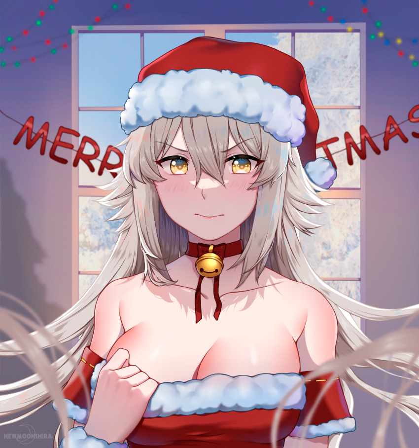 1girl absurdres bare_shoulders bell bell_choker blush breasts choker christmas cleavage_reach collarbone commentary detached_sleeves dress english_commentary eyebrows_visible_through_hair fate/grand_order fate_(series) fur-trimmed_dress fur-trimmed_headwear fur_trim grey_hair hair_between_eyes hat highres huge_filesize jeanne_d'arc_(alter)_(fate) jeanne_d'arc_(fate)_(all) jingle_bell large_breasts long_hair looking_at_viewer merry_christmas messy_hair newmoonshira pout red_choker red_headwear santa_dress santa_hat solo strapless strapless_dress yellow_eyes
