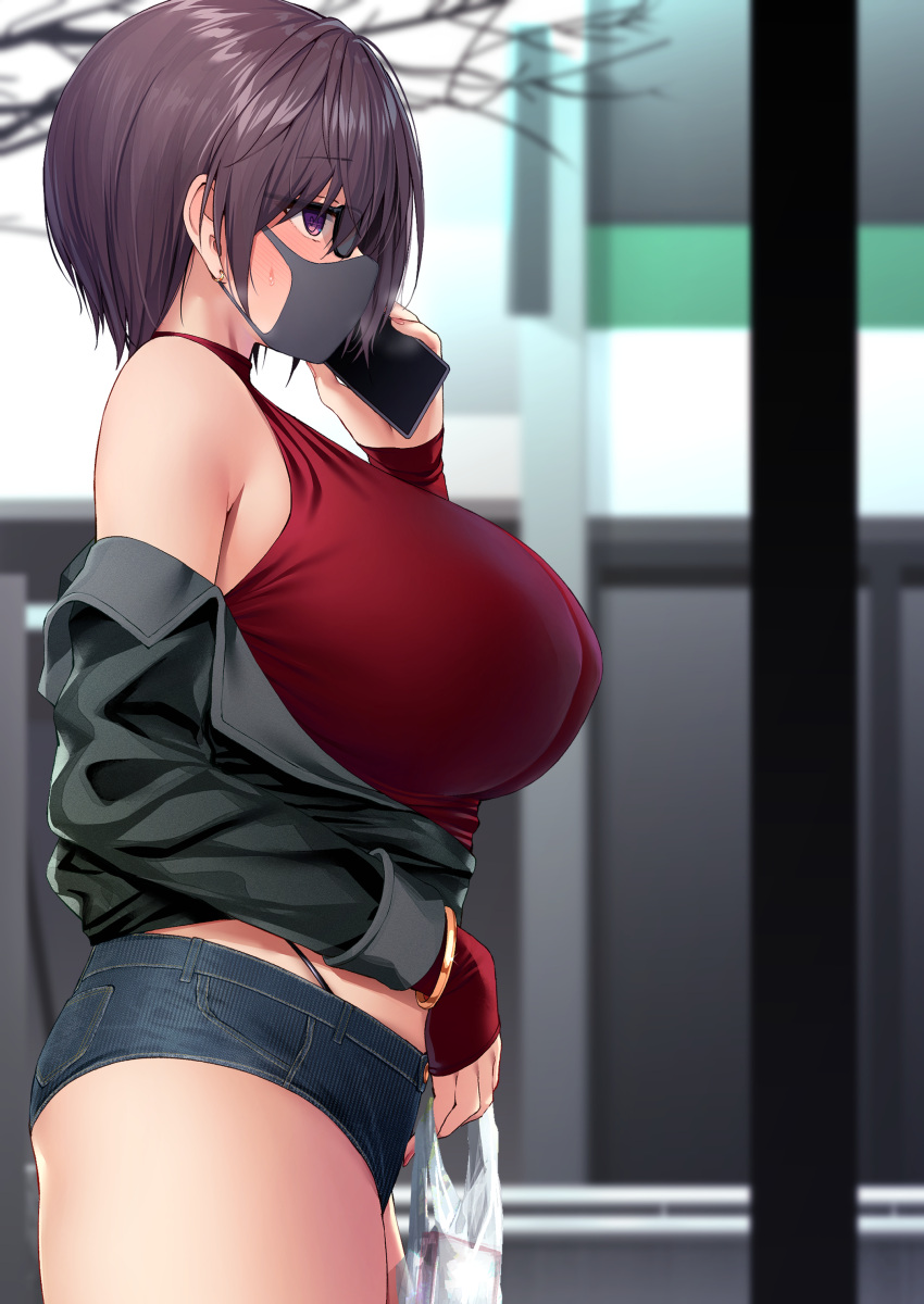 1girl absurdres bag black_jacket blue_shorts blush bracelet breasts brown_hair cellphone commentary_request earrings eyebrows_visible_through_hair highres holding holding_bag holding_phone huge_breasts jacket jewelry large_breasts mask mouth_mask original outdoors phone profile red_shirt satou_kuuki shirt short_hair short_shorts shorts sleeveless sleeveless_shirt solo sunglasses sweatdrop thighs violet_eyes