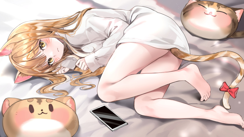 1girl absurdres animal_ears bangs bare_legs barefoot bed_sheet blonde_hair blush bow cat_ears cat_girl cat_pillow cat_tail cellphone closed_mouth commission eyebrows_visible_through_hair highres lillly long_hair long_sleeves looking_at_viewer lying no_pants on_side original phone pillow red_bow shirt sleeves_past_wrists smartphone solo tail tail_bow tail_ornament whisker_markings white_shirt yellow_eyes