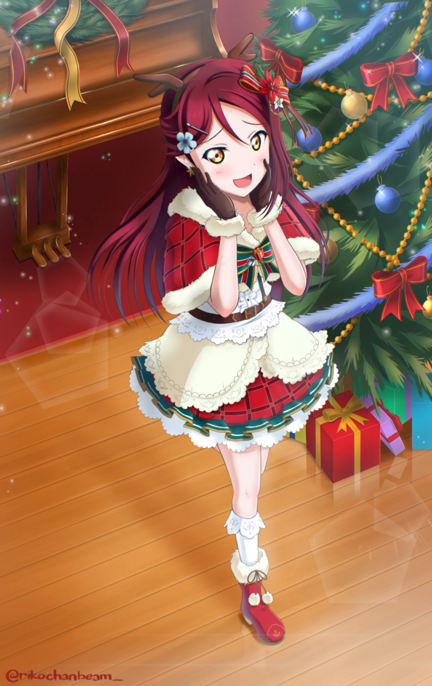 1girl absurdres boots busterbeam christmas christmas_tree forehead full_body gift gloves hair_ornament hairclip half_updo hand_on_own_cheek hand_on_own_face highres instrument long_hair looking_at_viewer love_live! love_live!_sunshine!! open_mouth piano redhead sakurauchi_riko smile solo yellow_eyes