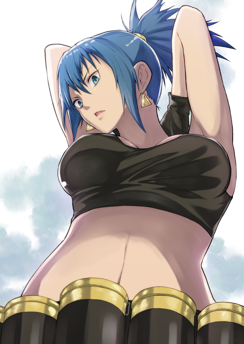 1girl arms_behind_head arms_up bangs belt black_gloves black_tank_top blue_eyes blue_hair breasts crop_top earrings gas_can gloves helping-hand highres jewelry large_breasts leona_heidern looking_at_viewer looking_down midriff navel open_mouth ponytail short_hair short_ponytail solo tank_top the_king_of_fighters