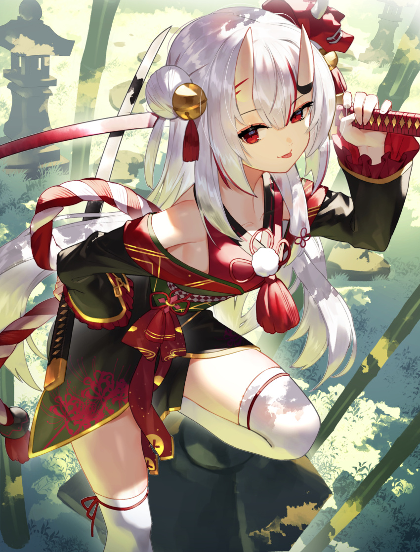 bamboo bamboo_forest collarbone commentary_request dual_wielding forest hair_between_eyes hair_bun highres holding hololive horns katana long_hair looking_at_viewer nakiri_ayame nature oni_horns oni_mask red_eyes silver_hair sukocchi sword thigh-highs tongue tongue_out virtual_youtuber weapon white_legwear