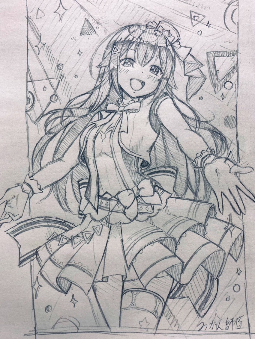 1girl bow breasts graphite_(medium) greyscale highres hololive idol looking_down medium_breasts mikannsisyou monochrome open_hands open_mouth signature single_thighhigh sleeveless smile solo sparkle thigh-highs tokino_sora traditional_media virtual_youtuber
