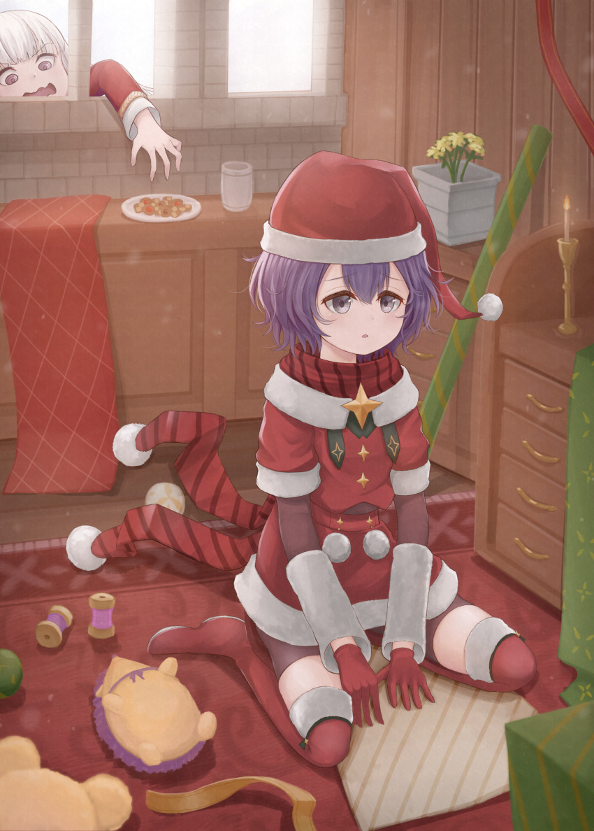 2girls absurdres atorie bernadetta_von_varley bike_shorts boots candle candlestand christmas cookie cup eyebrows_visible_through_hair fire_emblem fire_emblem:_three_houses fire_emblem_heroes flower flower_pot food gloves grey_eyes hat highres lysithea_von_ordelia multiple_girls plate pom_pom_(clothes) purple_hair reaching red_gloves red_legwear rug santa_costume santa_dress santa_hat short_hair sitting spool stuffed_animal stuffed_hedgehog stuffed_toy thigh-highs thigh_boots violet_eyes wariza wavy_mouth white_hair window wrapping_paper