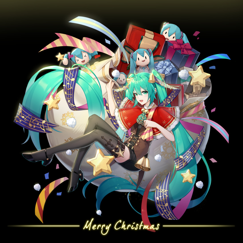&gt;_&lt; 1girl absurdly_long_hair absurdres aqua_eyes aqua_hair aqua_neckwear bare_shoulders beamed_eighth_notes bell belt black_background black_legwear black_shorts black_sleeves box capelet character_doll chinese_commentary christmas commentary confetti cross detached_sleeves eighth_note english_commentary fur-trimmed_capelet fur_trim gift gift_box gold_trim grey_shirt hair_bell hair_ornament hatsune_miku highres lace-up_top long_hair looking_at_viewer mixed-language_commentary musical_note musical_note_print neck_bell necktie open_mouth quarter_note red_capelet ribbon shirt shorts sitting sixteenth_note sleeveless sleeveless_shirt smile snowflake_print solid_oval_eyes staff_(music) star_(symbol) star_ornament striped striped_ribbon thigh-highs twintails very_long_hair vocaloid zuiai_gongzhu_dianxia