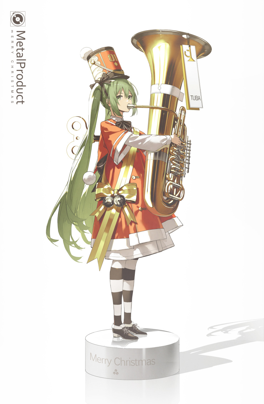 1girl absurdres band_uniform christmas commentary dress english_commentary full_body green_eyes green_hair hat hatsune_miku highres holding holding_instrument instrument kieed long_hair looking_at_viewer music pedestal playing_instrument red_dress red_headwear ribbon shadow shako_cap sideways_glance solo standing striped striped_legwear tag tuba twintails two-tone_legwear very_long_hair vocaloid white_background winder