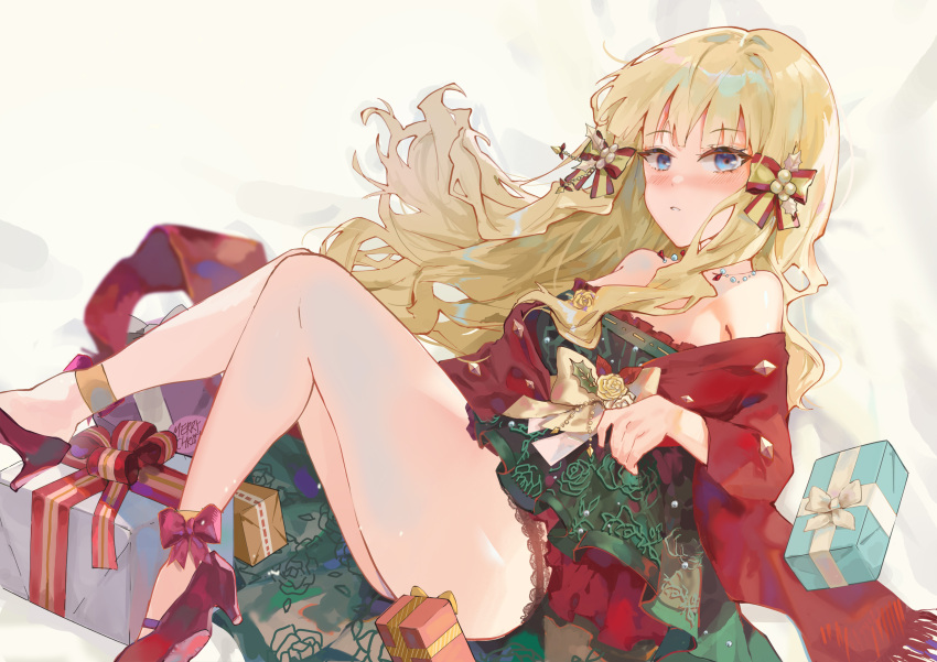 1girl absurdres bangs blonde_hair blue_eyes bow breasts christmas eyebrows_visible_through_hair fang_qiao hair_bow hair_ornament highres large_breasts long_hair looking_at_viewer open_mouth princess_connect! princess_connect!_re:dive saren_(princess_connect!) solo