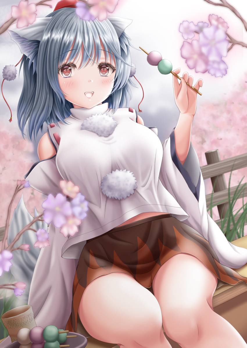1girl akino_irori animal_ears arm_support arm_up bangs blurry blurry_background blurry_foreground blush breasts brown_skirt cherry_blossoms commentary dango day detached_sleeves dutch_angle eyebrows_visible_through_hair feet_out_of_frame fence food grass hat highres holding_skewer inubashiri_momiji large_breasts looking_at_viewer miniskirt open_mouth outdoors plate pom_pom_(clothes) red_eyes red_headwear red_skirt sanshoku_dango shirt short_hair silver_hair sitting skirt solo tail tokin_hat touhou tree_branch two-tone_skirt upper_teeth wagashi white_shirt wolf_ears wolf_tail wooden_fence