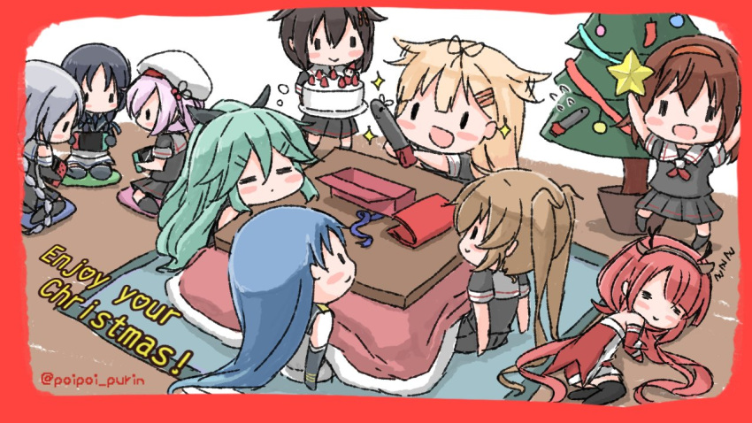 6+girls ahoge bangs blue_hair border brown_hair cake chibi christmas closed_eyes expressive_hair food gloves green_hair hair_flaps hair_ornament hair_ribbon hairband handheld_game_console harusame_(kantai_collection) hat holding indoors kantai_collection kawakaze_(kantai_collection) kotatsu long_hair lying multiple_girls murasame_(kantai_collection) nintendo_switch on_side open_mouth pink_hair poipoi_purin ponytail red_border redhead remodel_(kantai_collection) ribbon sailor_collar samidare_(kantai_collection) school_uniform serafuku shigure_(kantai_collection) shiratsuyu_(kantai_collection) short_hair sleeping sleeping_upright smile sparkle standing suzukaze_(kantai_collection) table torpedo twintails twitter_username umikaze_(kantai_collection) video_game yamakaze_(kantai_collection) yuudachi_(kantai_collection) zzz