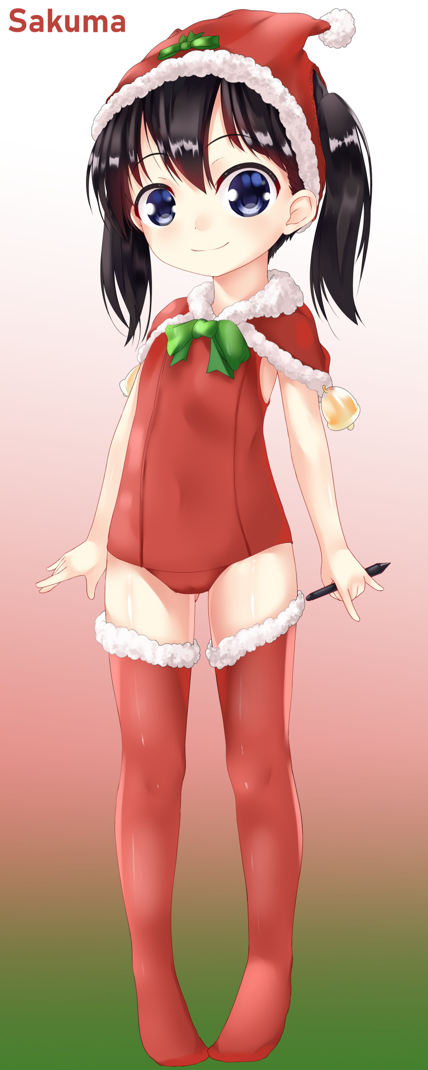 1girl absurdres artist_name black_hair blue_eyes capelet christmas full_body fur_trim hat highres long_hair one-piece_swimsuit original red_capelet red_legwear red_swimsuit sakuma_(user_zzes7733) santa_hat smile solo stylus swimsuit thigh-highs twintails