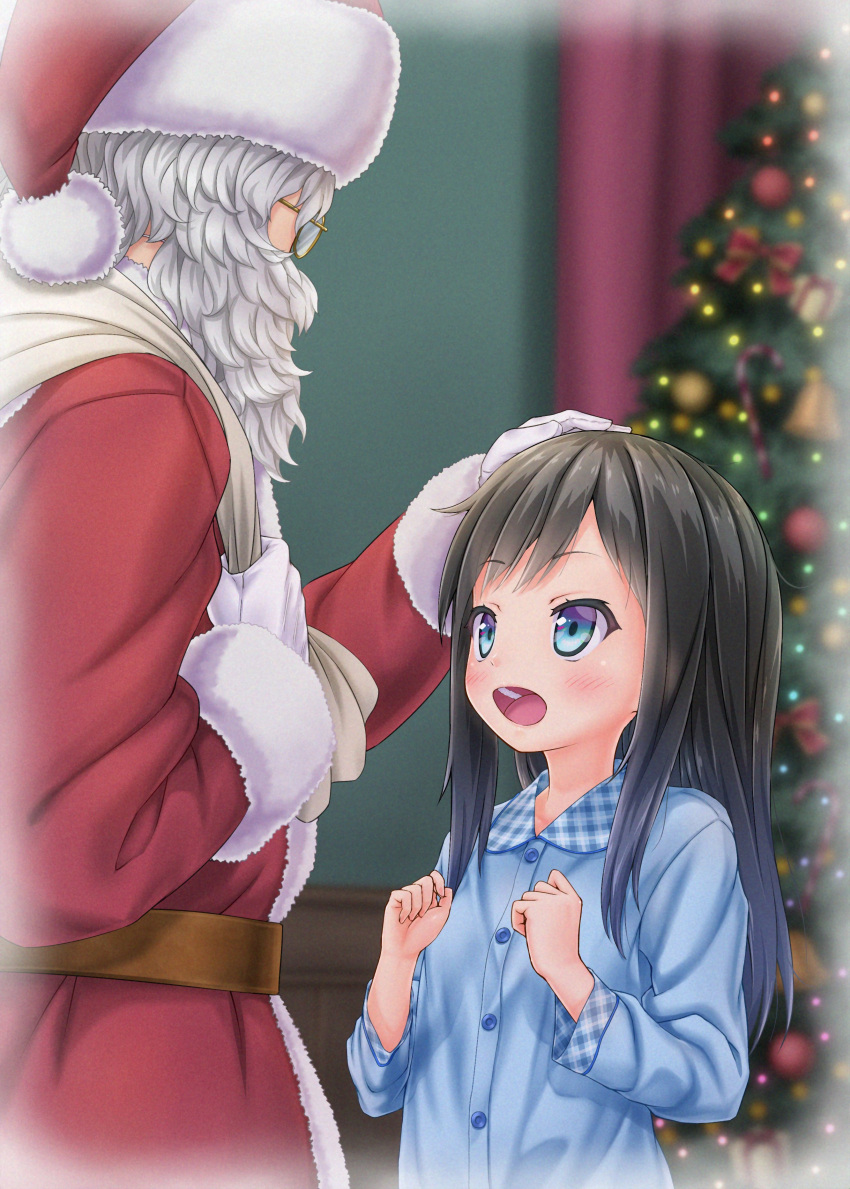 1boy 1girl absurdres alternate_costume asashio_(kantai_collection) beard black_hair blue_eyes blurry christmas_tree depth_of_field facial_hair gloves gotou_hisashi hat highres kantai_collection long_hair old old_man pajamas petting santa_claus santa_hat upper_body white_gloves