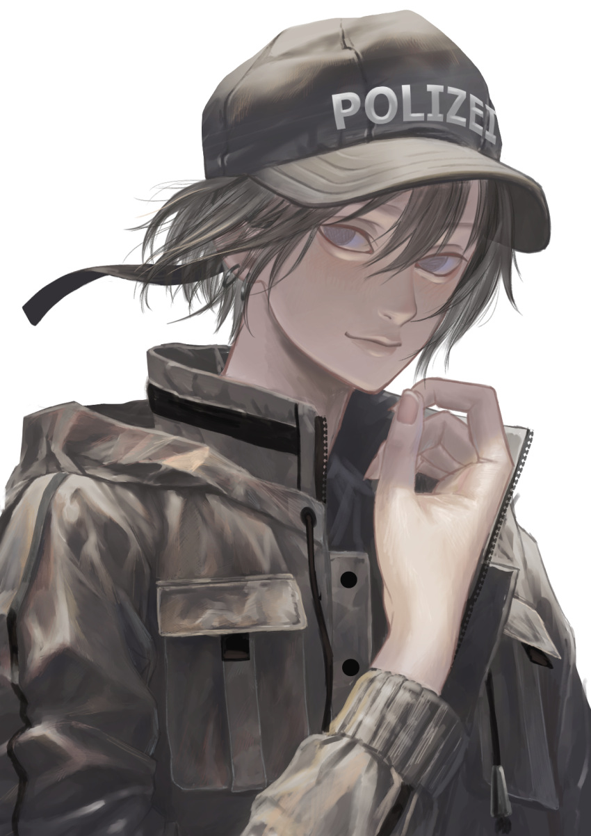 1boy black_headwear blue_eyes blush brown_hair closed_mouth earrings ears_visible_through_hair eyebrows_visible_through_hair hair_between_eyes hat highres jacket jckvuzuqjnpdie3 jewelry male_focus open_clothes open_jacket original simple_background solo upper_body white_background zipper