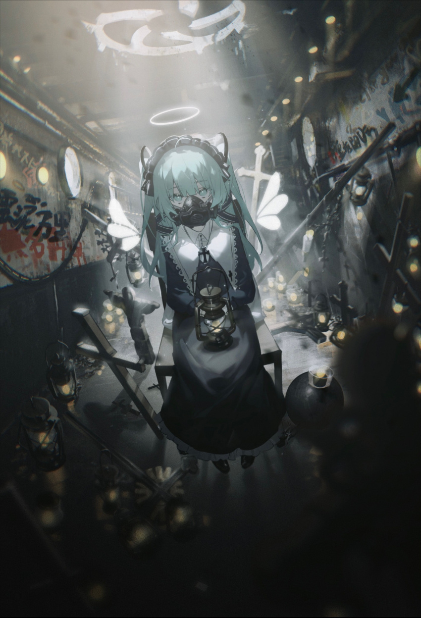 1girl absurdres aqua_eyes aqua_hair bangs black_dress blurry commentary_request cross cross_necklace dress frilled_dress frills full_body gas_mask hair_between_eyes halo hatsune_miku highres indoors jewelry konya_karasue lantern long_dress long_hair looking_at_viewer maid_headdress mask necklace on_chair sitting solo tunnel twintails vocaloid