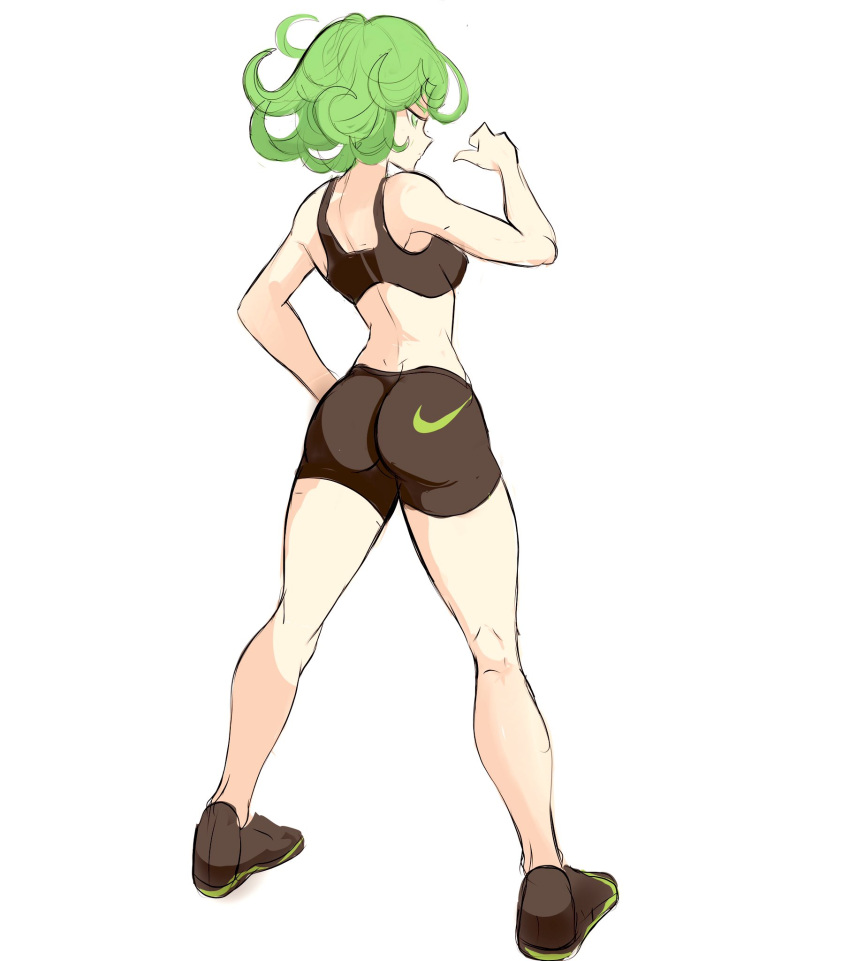 1girl ass black_shorts curly_hair from_behind green_eyes green_hair looking_back one-punch_man rakeem_garcia-cueto shoes shorts sports_bra tatsumaki