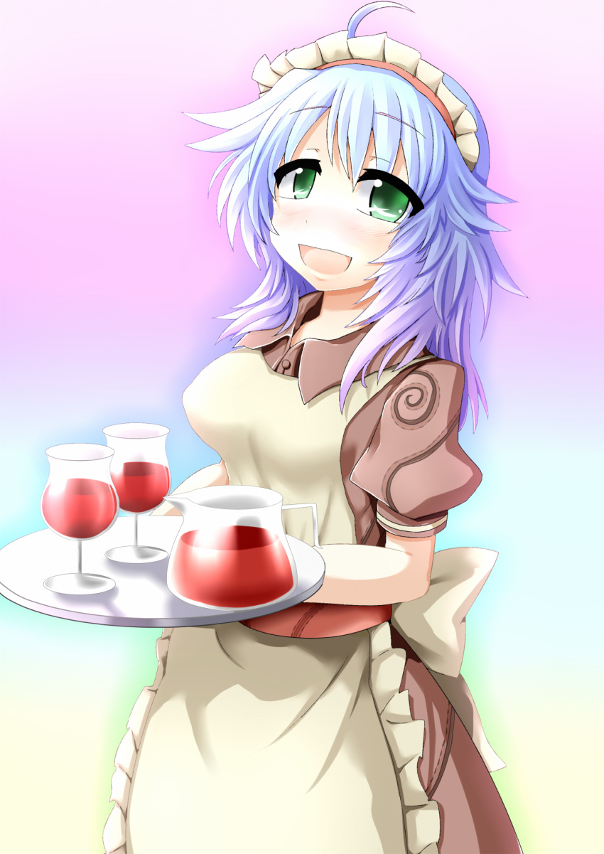 1girl ahoge apron bangs blue_hair blush bow breasts brown_dress collared_dress commentary_request cowboy_shot cup dress drinking_glass eyebrows_visible_through_hair eyes_visible_through_hair frilled_apron frills gradient gradient_background green_eyes hair_between_eyes highres holding holding_tray kafra_uniform looking_at_viewer maid maid_apron maid_headdress medium_breasts medium_hair nose_blush open_mouth pavianne_(ragnarok_online) pitcher puffy_short_sleeves puffy_sleeves ragnarok_online rainbow_background red_sash sash short_sleeves solo standing sudou_noboru tray white_apron white_bow wine_glass