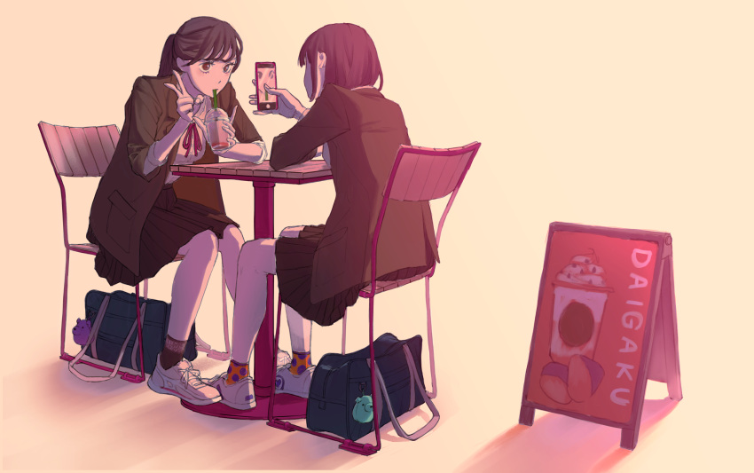 2girls absurdres bag black_hair blue_bag blush brown_eyes brown_hair cellphone chair cup drinking drinking_straw fingernails highres holding holding_cup holding_phone jckvuzuqjnpdie3 keychain long_hair multiple_girls orange_legwear original phone polka_dot ponytail red_ribbon ribbon school_bag school_uniform shoes short_hair sign sitting skirt sneakers socks starbucks table uniform v