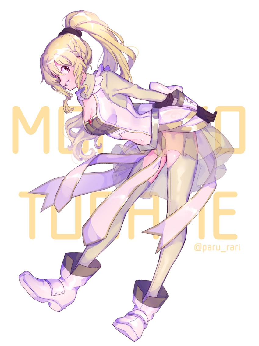 1girl black_gloves black_hairband blonde_hair boots clothing_cutout eyebrows_visible_through_hair gloves hairband highres long_hair long_sleeves magia_record:_mahou_shoujo_madoka_magica_gaiden magical_girl mahou_shoujo_madoka_magica midriff_cutout navel paru_rari ponytail romaji_text smile soul_gem thigh_cutout white_background white_footwear