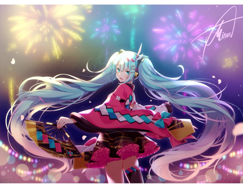 1girl aqua_eyes aqua_hair artist_name asagao_minoru bangs black_legwear black_skirt blunt_bangs blurry blurry_background bokeh commentary cowboy_shot depth_of_field fan fireworks folding_fan frilled_skirt frills from_behind hair_ornament hatsune_miku headphones holding holding_fan japanese_clothes kimono lantern long_hair looking_at_viewer looking_back magical_mirai_(vocaloid) miniskirt night open_mouth pink_sleeves pleated_skirt single_thighhigh skindentation skirt smile solo standing thigh-highs twintails very_long_hair vocaloid wide_sleeves