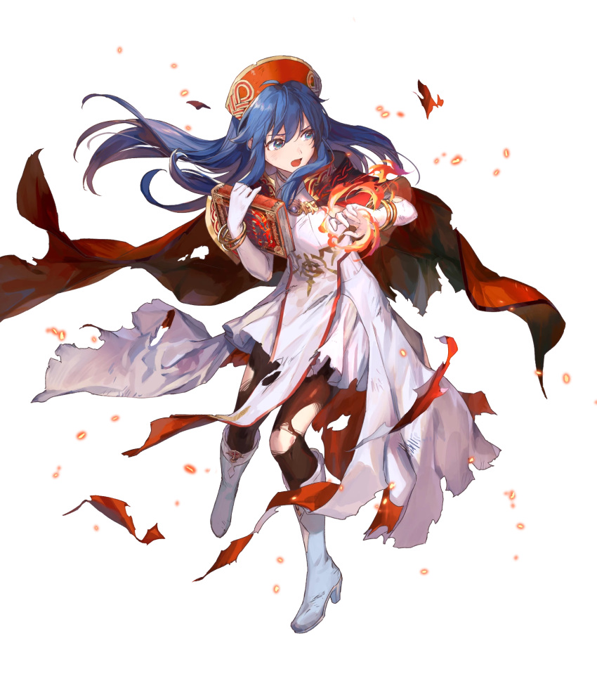 1girl alternate_costume azutarou bangs blue_eyes blue_hair book boots bracelet breasts cape dress elbow_gloves fire fire_emblem fire_emblem:_the_binding_blade fire_emblem_heroes full_body gloves hat highres holding holding_book jewelry knee_boots lilina_(fire_emblem) long_hair looking_away magic medium_breasts official_art open_mouth pantyhose pelvic_curtain red_cape shiny shiny_clothes shiny_hair skirt solo torn_cape torn_clothes torn_dress torn_legwear transparent_background white_dress white_footwear white_gloves