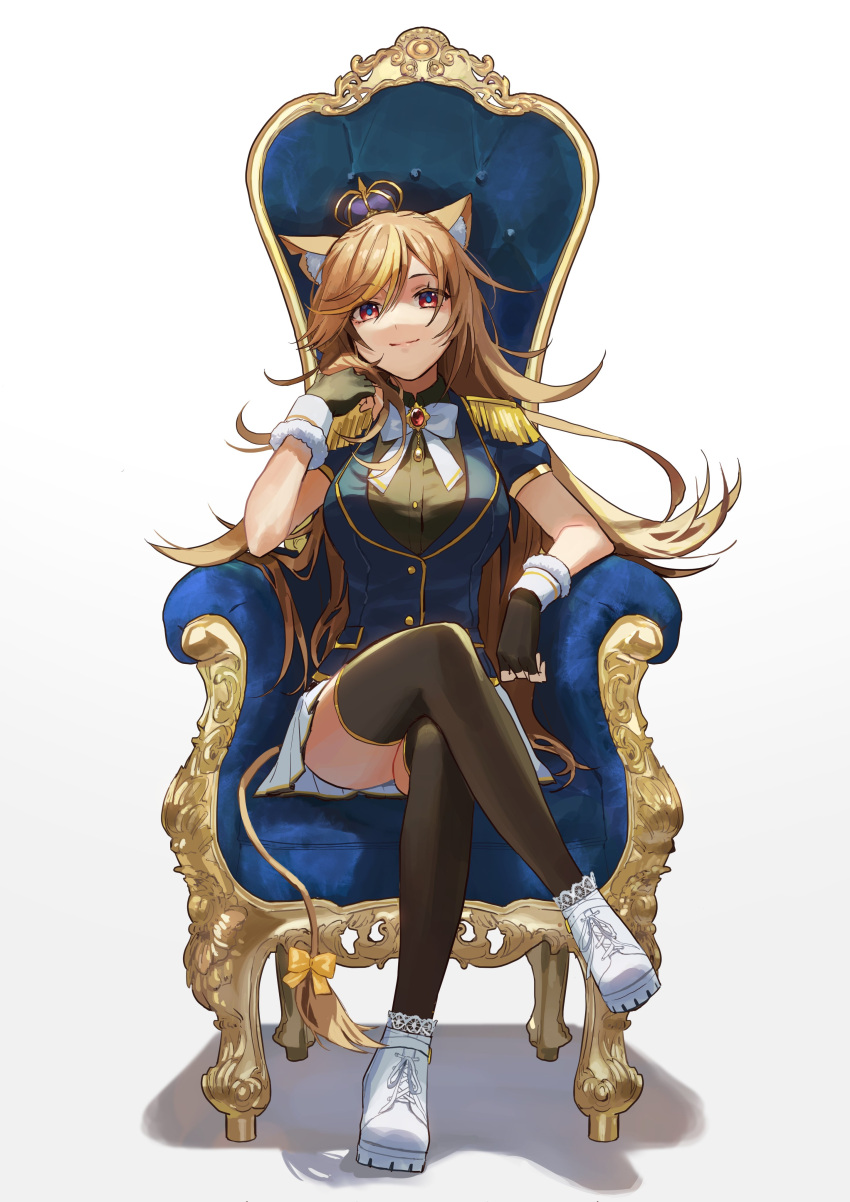 1girl absurdres animal_ear_fluff animal_ears bangs black_gloves bow breasts commentary cross-laced_footwear crossed_legs crown english_commentary epaulettes eyebrows_visible_through_hair facing_viewer fingerless_gloves gloves hazumi_aileen highres indie_virtual_youtuber jewelry kingdom_hearts light_brown_hair lion_tail looking_at_viewer medium_breasts parody parted_bangs pote-mm red_eyes shoes short_sleeves sitting solo swept_bangs tail tail_bow tail_ornament thigh-highs throne virtual_youtuber white_footwear white_legwear yellow_bow
