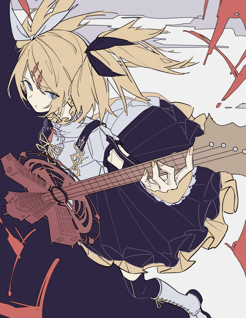 1girl alternate_hairstyle asymmetrical_clothes bass_guitar black_legwear blonde_hair boots cross-laced_footwear dress expressionless frilled_dress frills hair_ornament hairclip highres instrument kagamine_rin kagamine_rin_(roshin_yuukai/hard_rkmix) lace-up_boots looking_at_viewer looking_to_the_side moa_(fade64222) music playing_instrument pleated_dress roshin_yuukai_(vocaloid) serious sidelocks solo thigh-highs twintails two-tone_dress vocaloid white_footwear yellow_nails