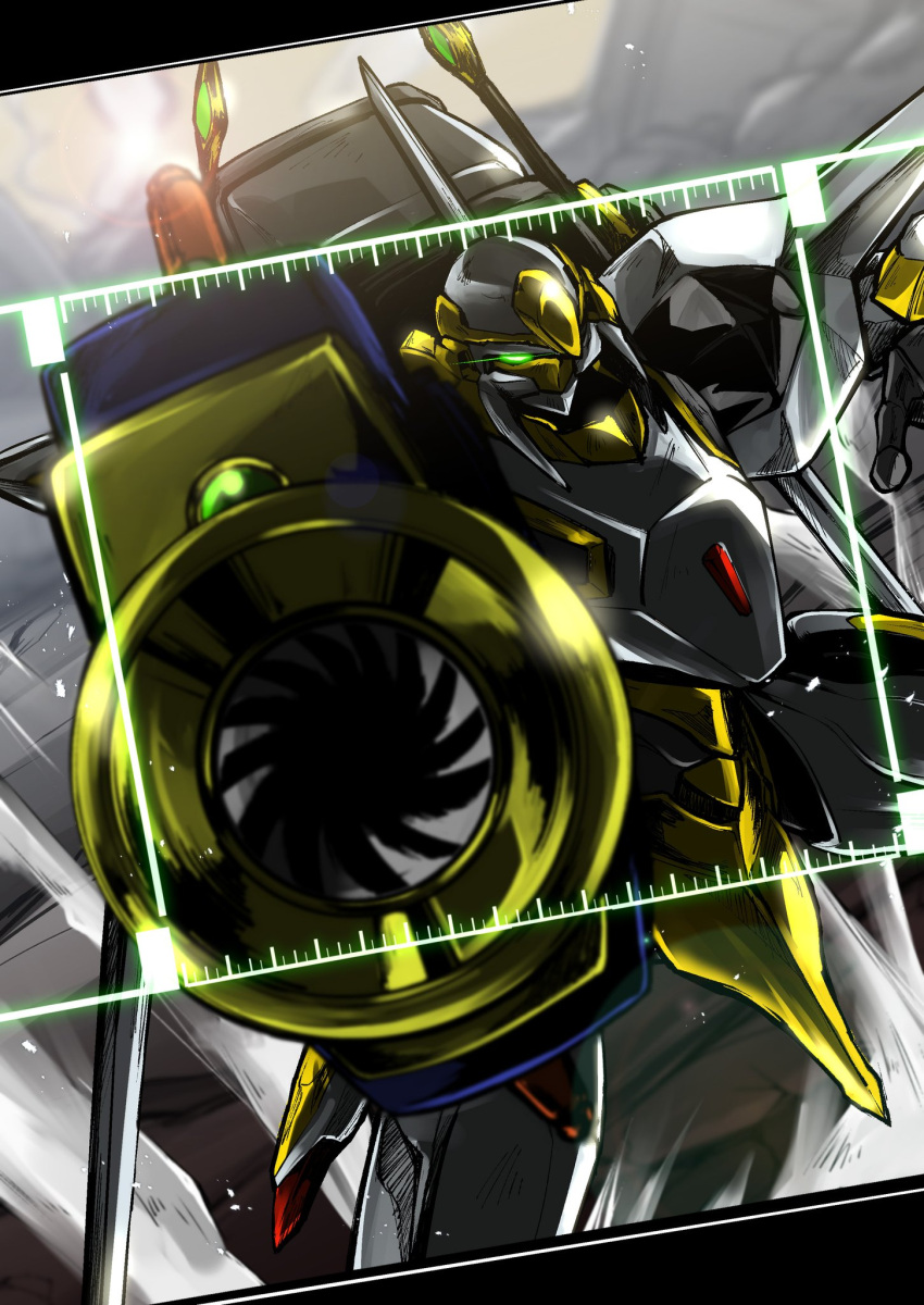 aiming_at_viewer code_geass glowing glowing_eye gun highres holding holding_gun holding_weapon knightmare_frame lancelot_(code_geass) looking_at_viewer mecha no_humans science_fiction solo stg_stg weapon