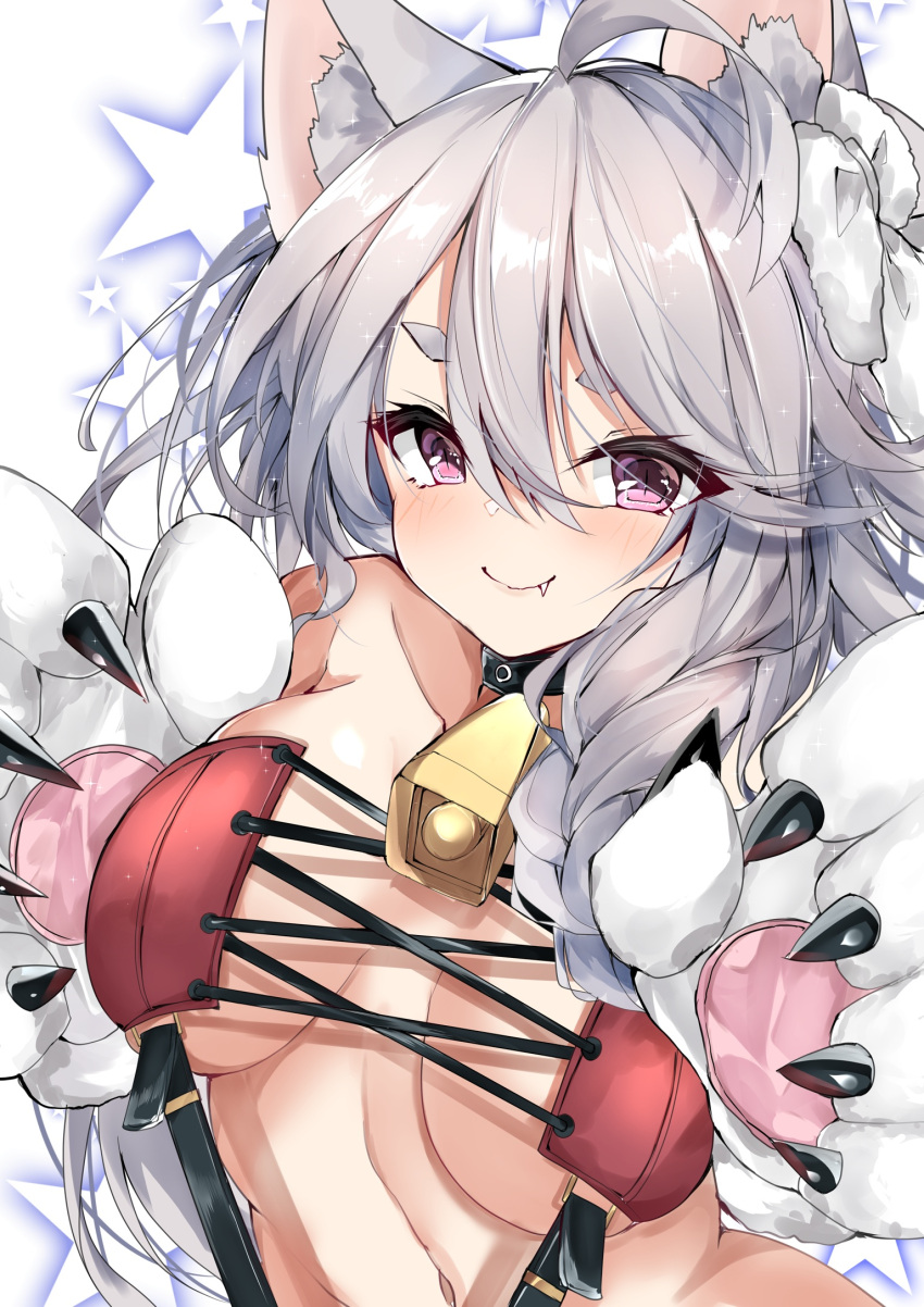 1girl ahoge animal_ears azur_lane bell bell_collar black_collar blush bow braid breasts christmas closed_mouth collar commentary_request fang gloves hair_between_eyes hair_bow highres long_hair looking_at_viewer medium_breasts mutou_(94753939) navel paw_gloves paws pink_eyes silver_hair single_braid slit_pupils smile solo starry_background thick_eyebrows upper_body white_background white_bow wolf_ears yuudachi_(azur_lane) yuudachi_(woofy_floofy_christmas_night)_(azur_lane)