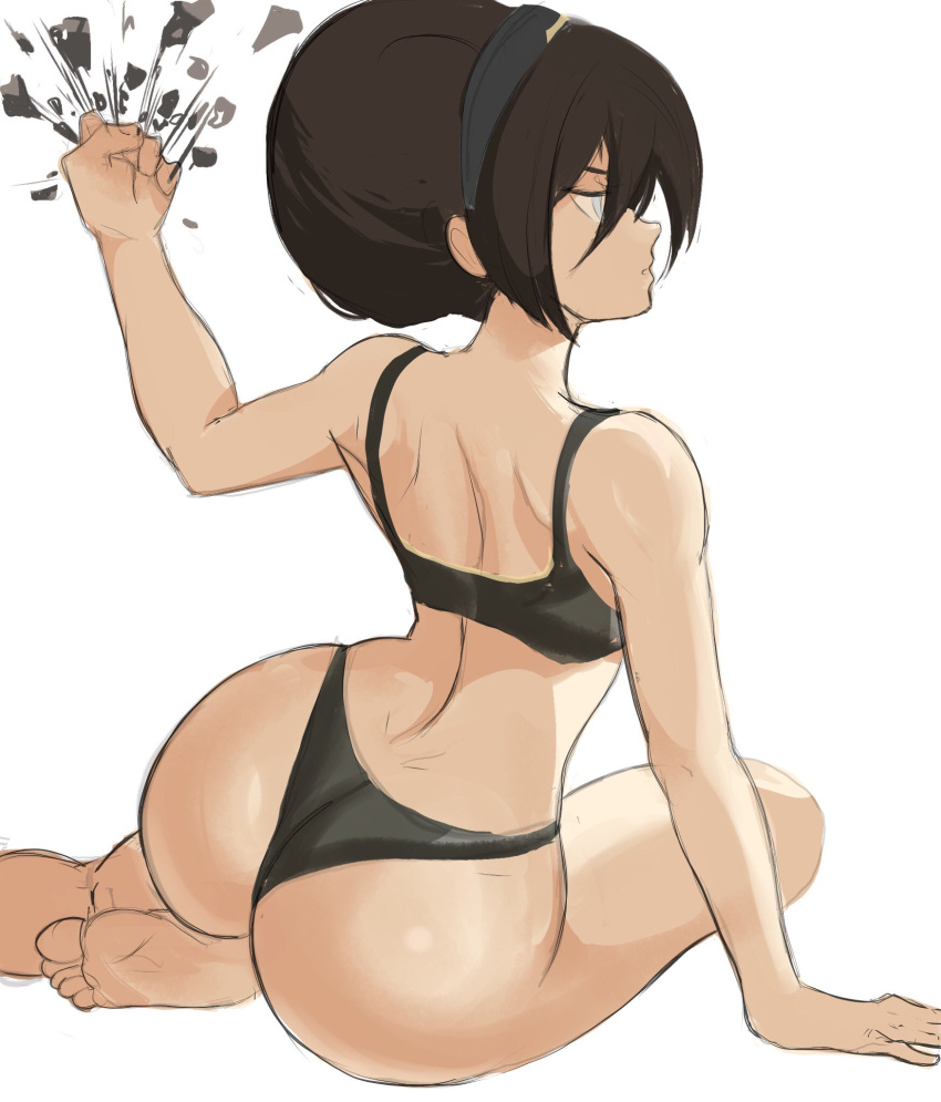 1girl arched_back ass avatar:_the_last_airbender avatar_(series) bangs barefoot bikini black_bikini blue_eyes brown_hair clenched_hand debris foot_out_of_frame hairband rakeem_garcia-cueto short_hair sitting swimsuit toph_bei_fong