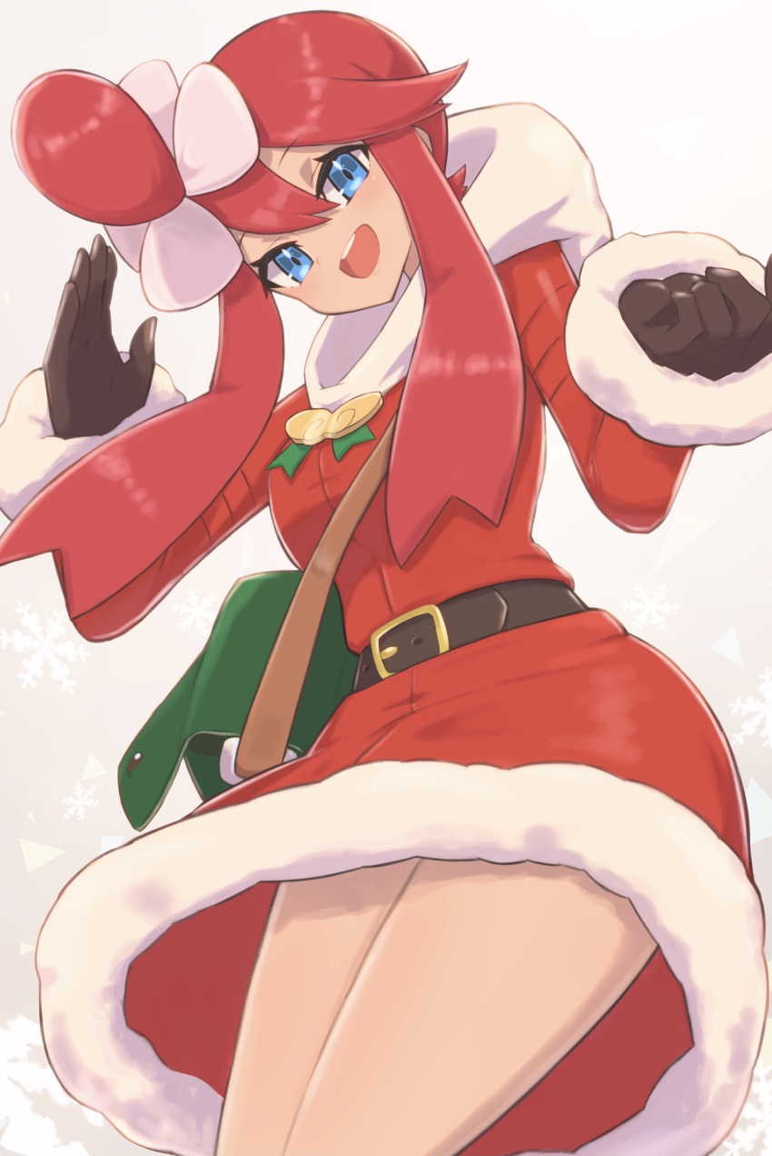 1girl absurdres belt black_belt blue_eyes brown_gloves christmas commentary_request gloves grey_background hair_ornament highres long_hair long_sleeves looking_at_viewer nuneno open_mouth pokemon pokemon_(game) pokemon_bw2 redhead santa_costume skyla_(pokemon) snowflake_background snowflakes solo teeth thighs upper_teeth