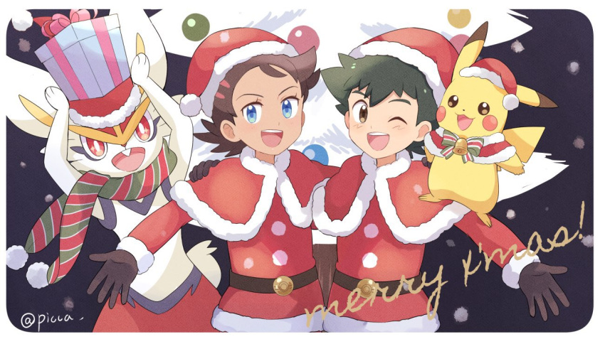 2boys :d ;d ash_ketchum bangs belt blue_eyes box brown_eyes brown_gloves brown_hair capelet christmas cinderace commentary_request eyelashes fur-trimmed_capelet fur_trim gen_1_pokemon gen_8_pokemon gift gift_box gloves goh_(pokemon) hat hatted_pokemon holding looking_at_viewer male_focus mei_(maysroom) merry_christmas multiple_boys one_eye_closed open_mouth pikachu pokemon pokemon_(anime) pokemon_(creature) pokemon_swsh_(anime) red_capelet red_headwear santa_hat scarf smile teeth tongue