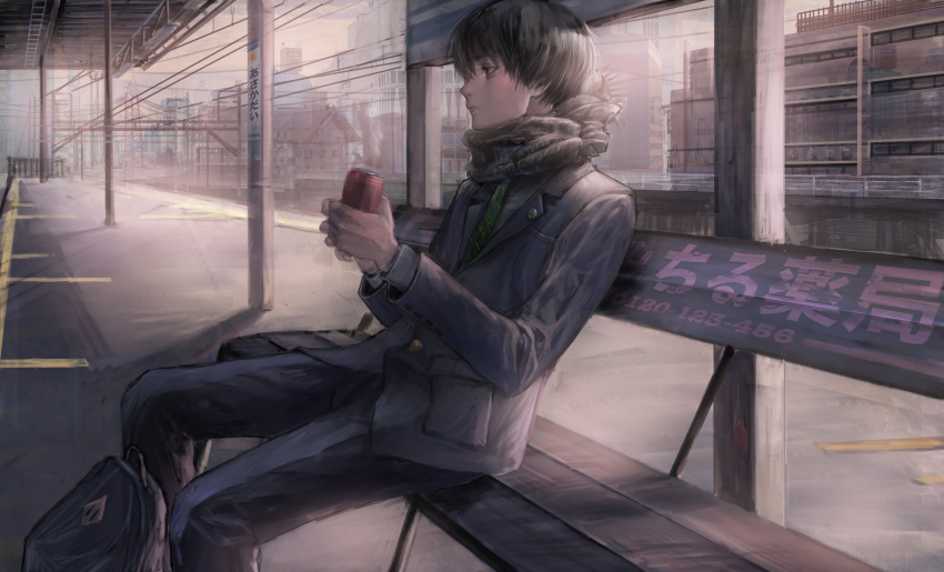 1boy absurdres bag bench black_eyes black_hair black_scarf blue_bag blue_suit building can closed_mouth formal green_neckwear highres holding holding_can house huge_filesize jckvuzuqjnpdie3 male_focus necktie original outdoors scarf sitting solo steam suit train_station