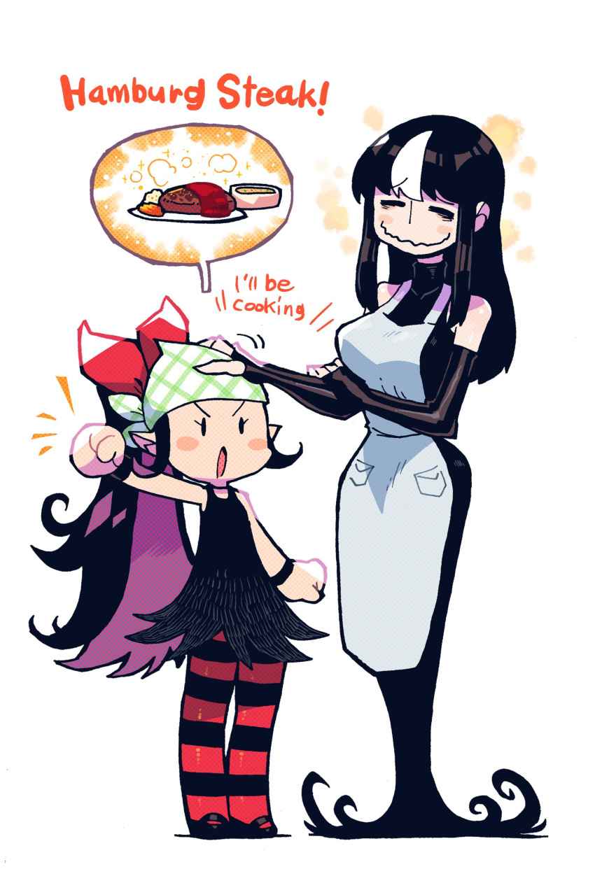 =_= apron black_dress black_hair blush_stickers bow breasts clenched_hand colored_inner_hair dress elbow_gloves english_commentary english_text fingerless_gloves gloves grey_apron hair_bow halftone hamburger_steak hand_on_another's_head hand_up highres large_breasts legs_together long_dress long_hair multicolored_hair noss_(rariatto) notice_lines open_mouth original pantyhose petting ponytail purple_hair rariatto_(ganguri) red_bow short_dress smile solid_oval_eyes spoken_food standing streaked_hair striped striped_legwear v-shaped_eyebrows wristband zakuro_(rariatto)
