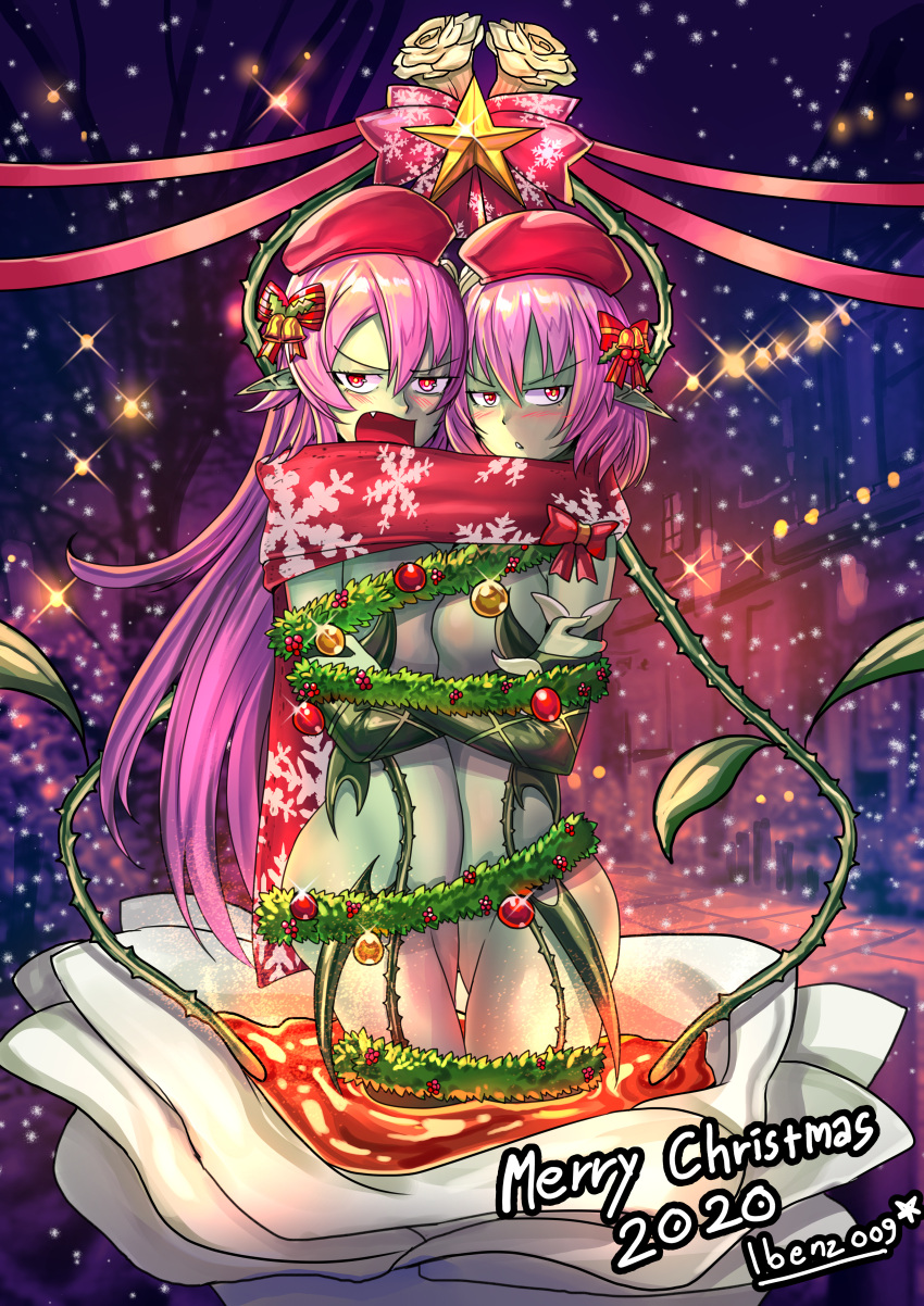 &gt;:( 2girls absurdres alraune annoyed bell blush bow christmas christmas_ornaments colored_skin dated english_commentary fang flower green_skin hat highres huge_filesize ibenz009 leaf liliraune_(monster_girl_encyclopedia) long_hair long_pointy_ears medium_hair mistletoe monster_girl multiple_girls nectar original plant plant_girl pointy_ears purple_hair red_eyes scarf signature snow star_(symbol) vines