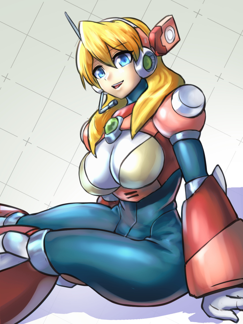 1girl alia_(rockman) android arm_support bangs blonde_hair blue_eyes breasts dgrp_(minhduc12333) eyebrows_visible_through_hair gloves hair_between_eyes headset highres large_breasts long_hair open_mouth robot_ears rockman rockman_x simple_background sitting smile solo white_gloves